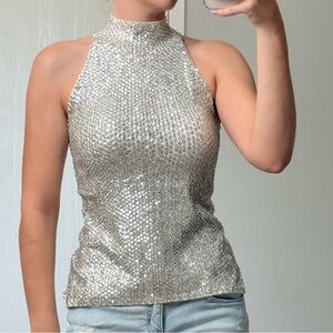 White House Black Market Silver Sequin Cream Elegant Fancy Halter Top Sparkly
